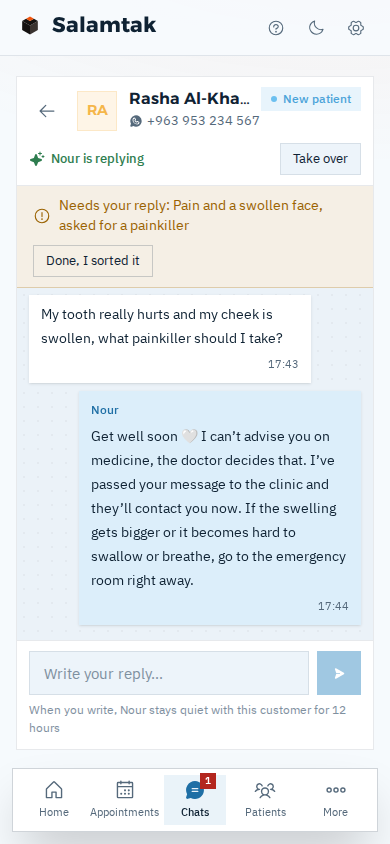 A chat from the demo clinic: a patient asks which painkiller to take for pain and swelling in the face, and Nour says she can't recommend medication, she has passed his message to the clinic, and if swallowing or breathing gets hard he should go to the ER right away