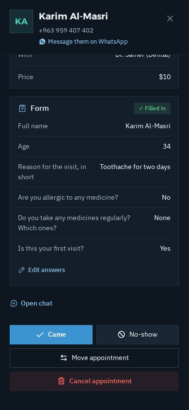 The form answers on the appointment in dark mode