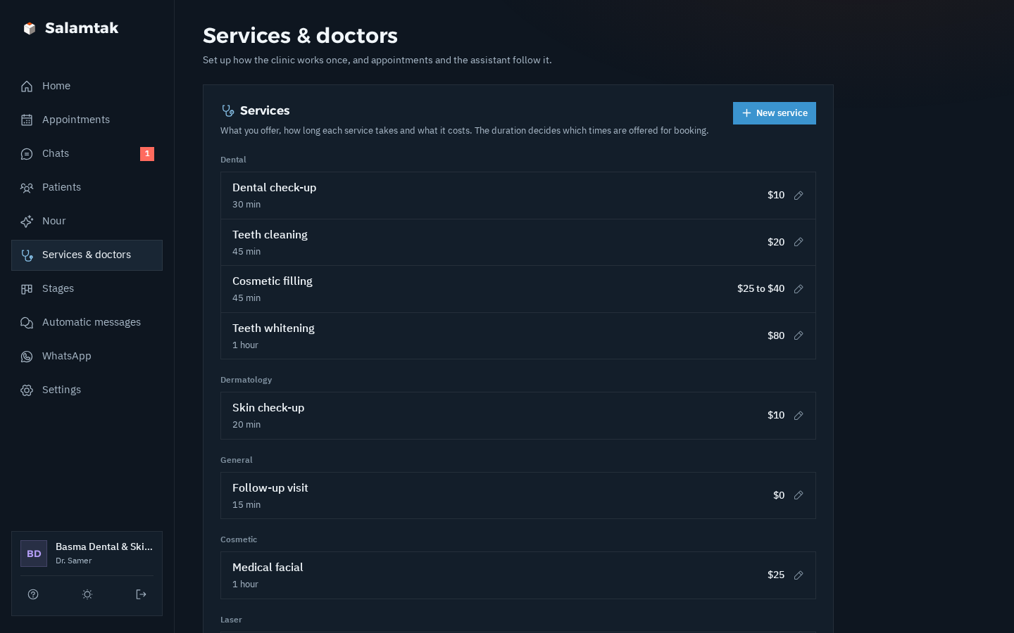 The services and doctors page in dark mode